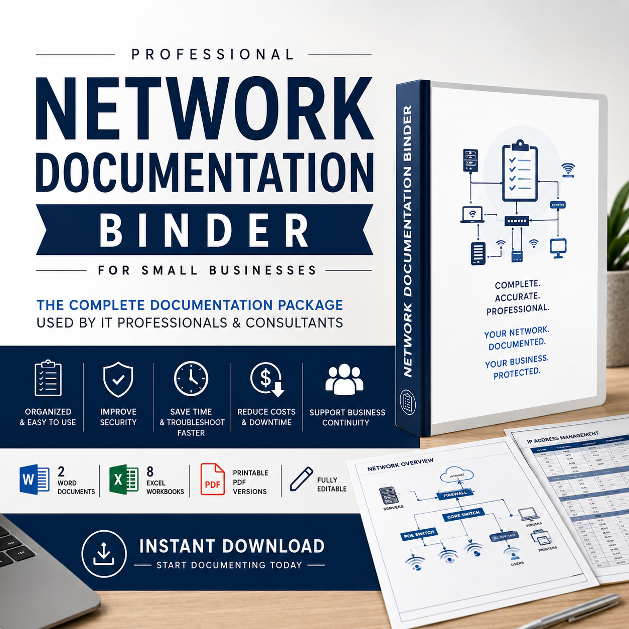 Small Business Network Documentation Binder with editable infrastructure inventory and network-management templates