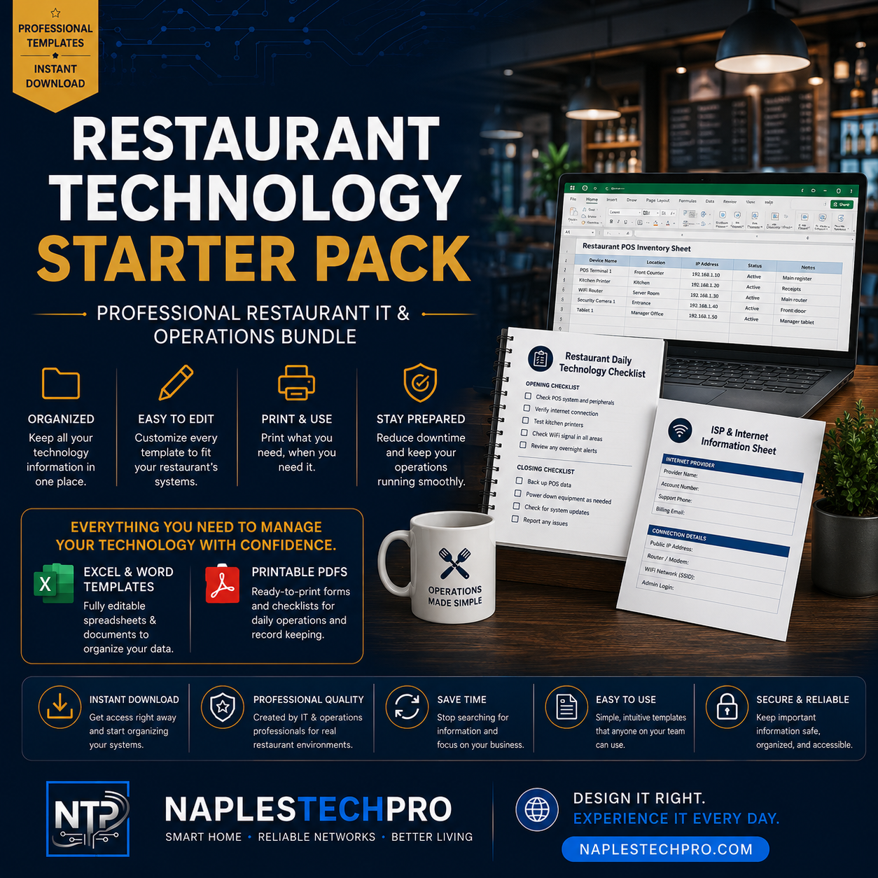 Restaurant Technology Starter Pack with POS, Wi-Fi, device, camera, vendor, and troubleshooting templates