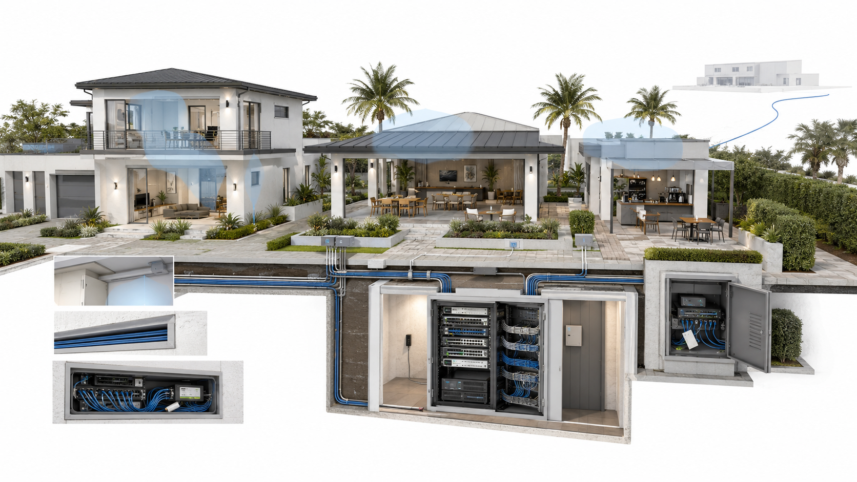 Property infrastructure diagnostic paths connecting wireless, camera, smart-device, and cloud-service symptoms to multiple possible causes