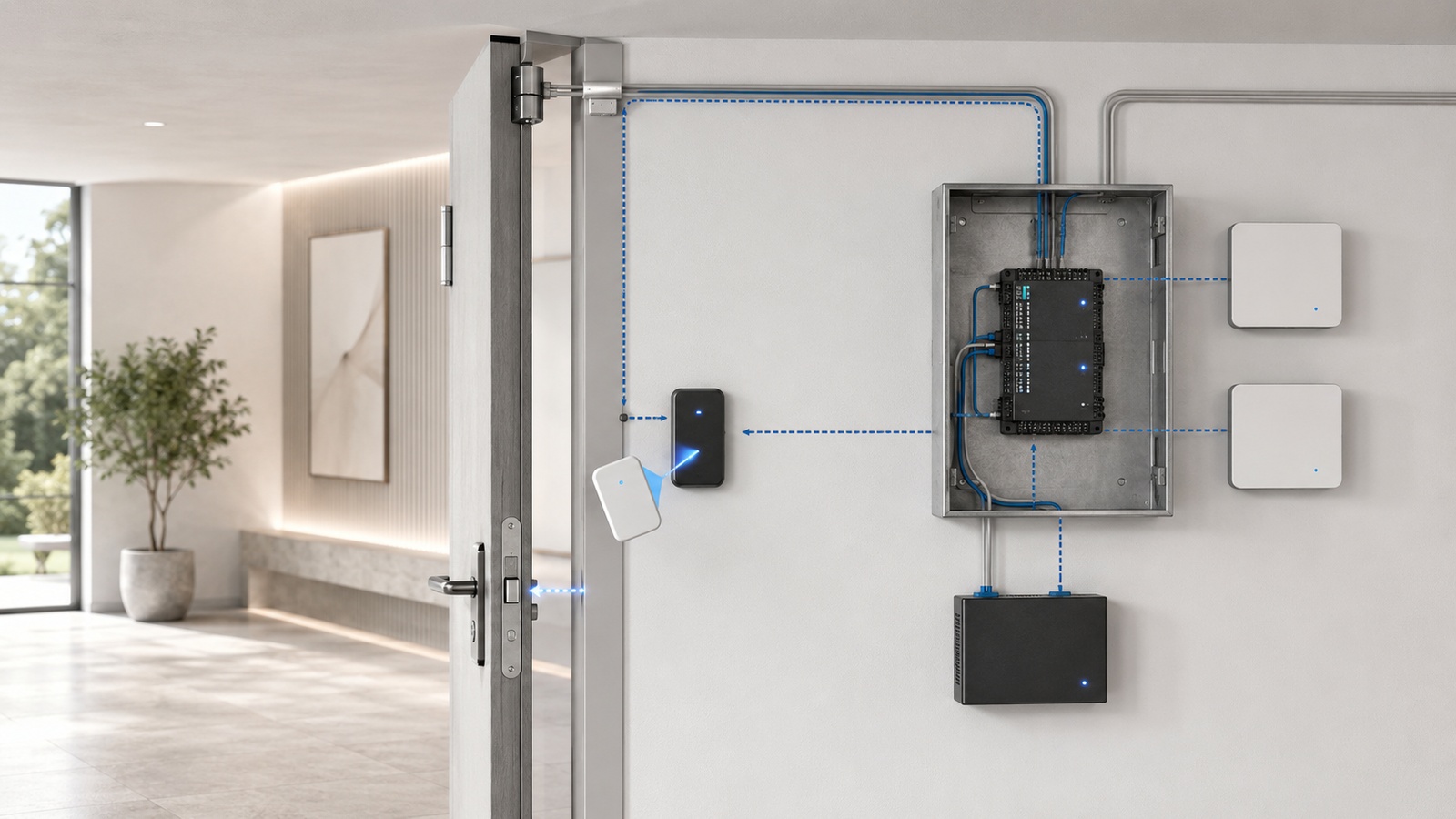 Electronic access-control process from credential presentation through authorization, door release, confirmation, and event recording.