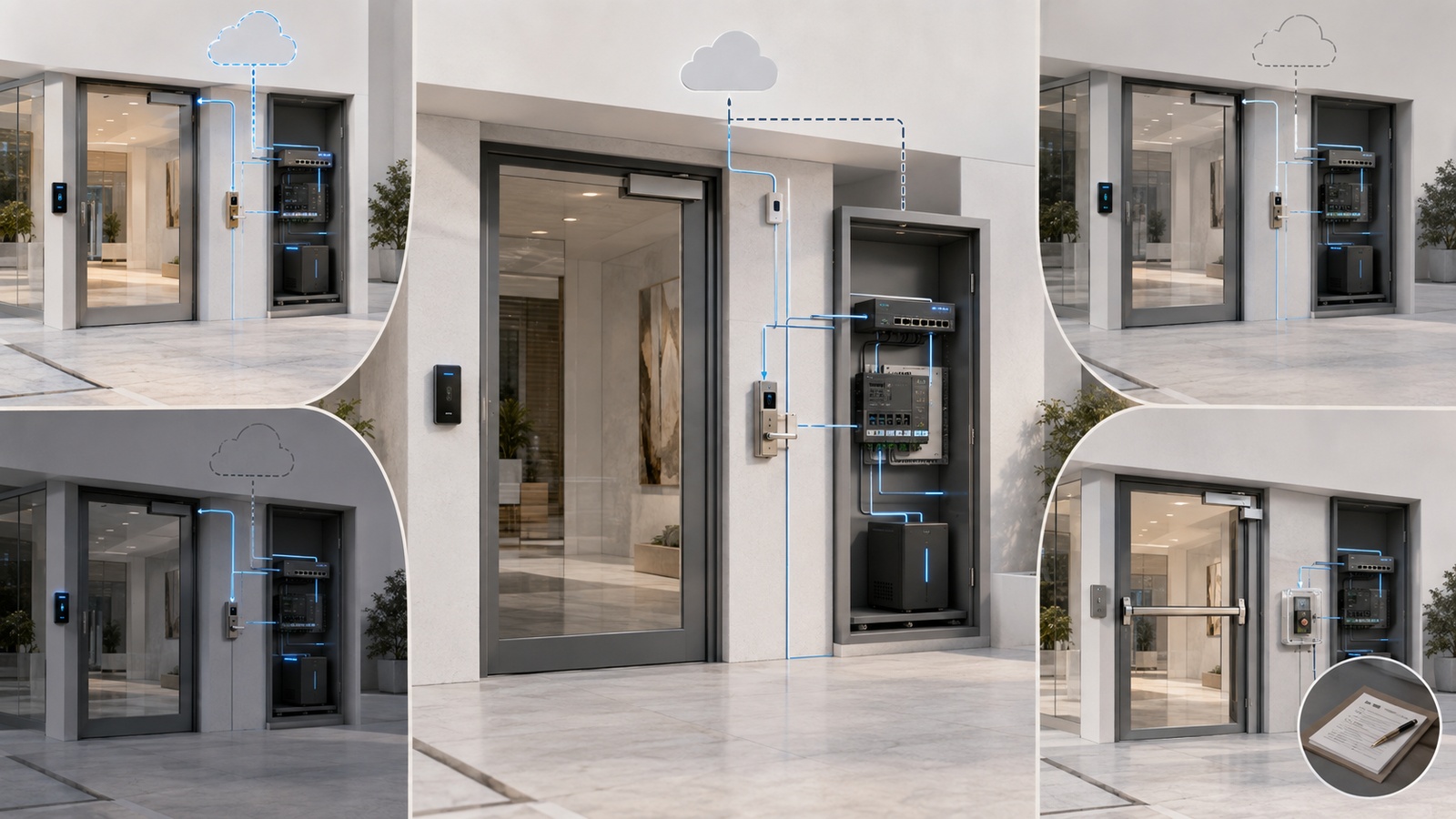 Residential access-control resilience during internet loss, power interruption, and emergency operation.