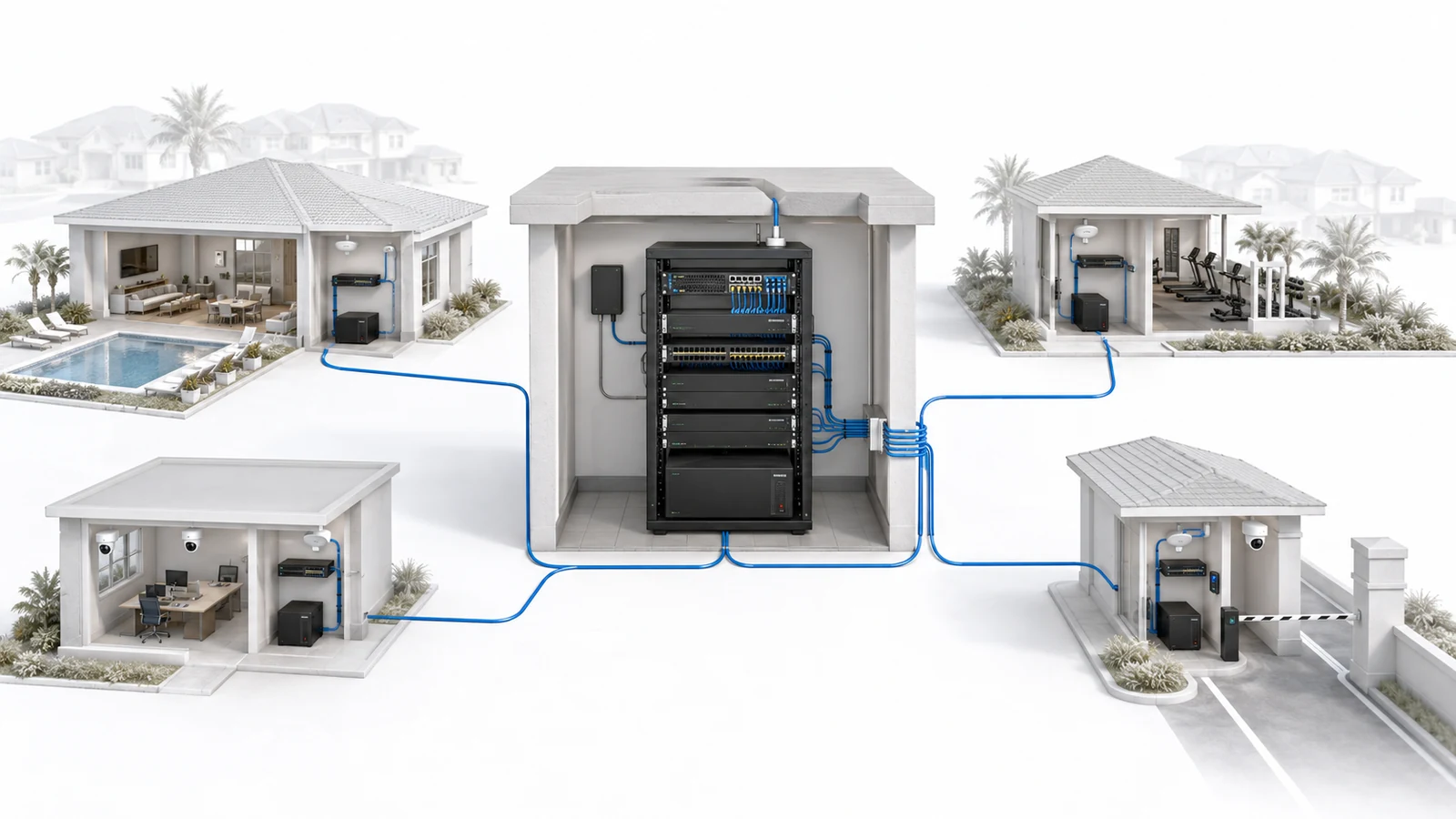 Centralized community network with one main core connected to building-level access switches