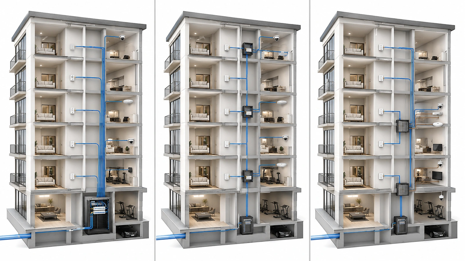 Comparison of centralized, floor-distributed, fiber-to-the-unit, and hybrid fiber architectures in multi-dwelling buildings