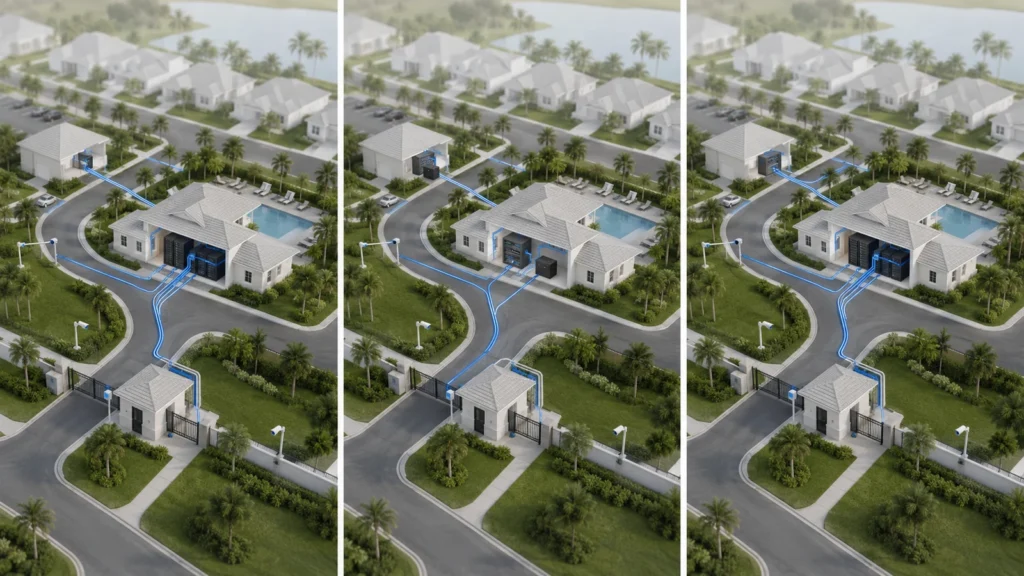 Three-part comparison of centralized, distributed, and hybrid HOA network models across the same gated community