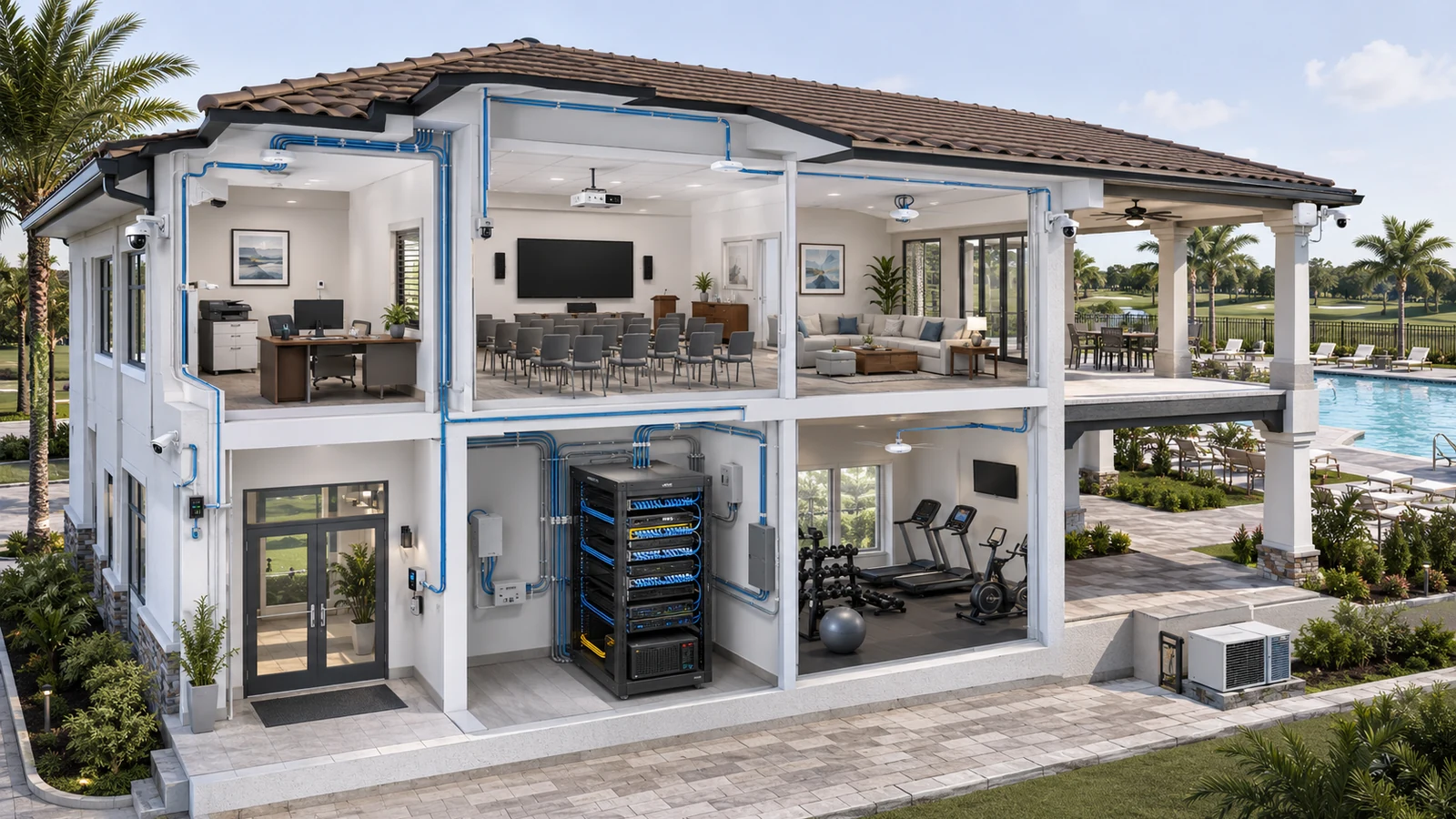 Community clubhouse cutaway showing organized network infrastructure supporting offices, resident Wi-Fi, AV, fitness, security, and pool areas