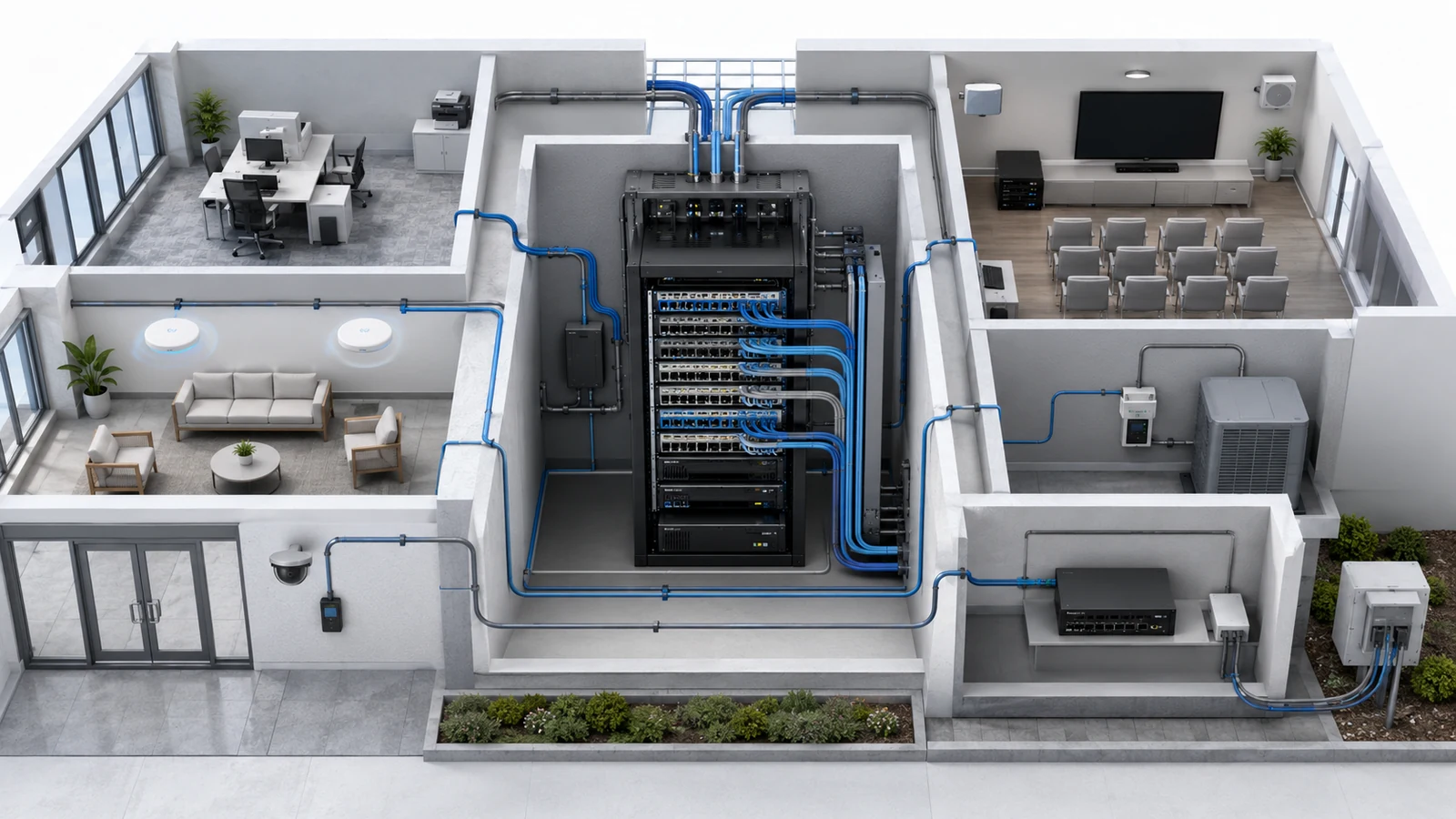 Clubhouse network separating administration, guest Wi-Fi, security, AV, and building systems