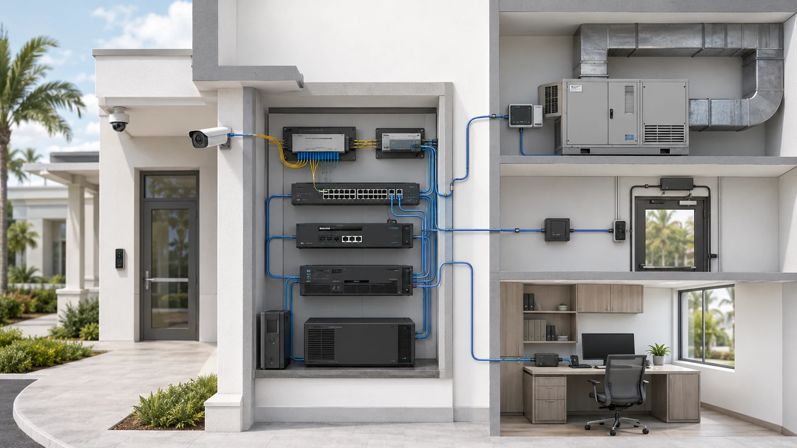 Clubhouse security and building systems connected through protected switching and controlled management access