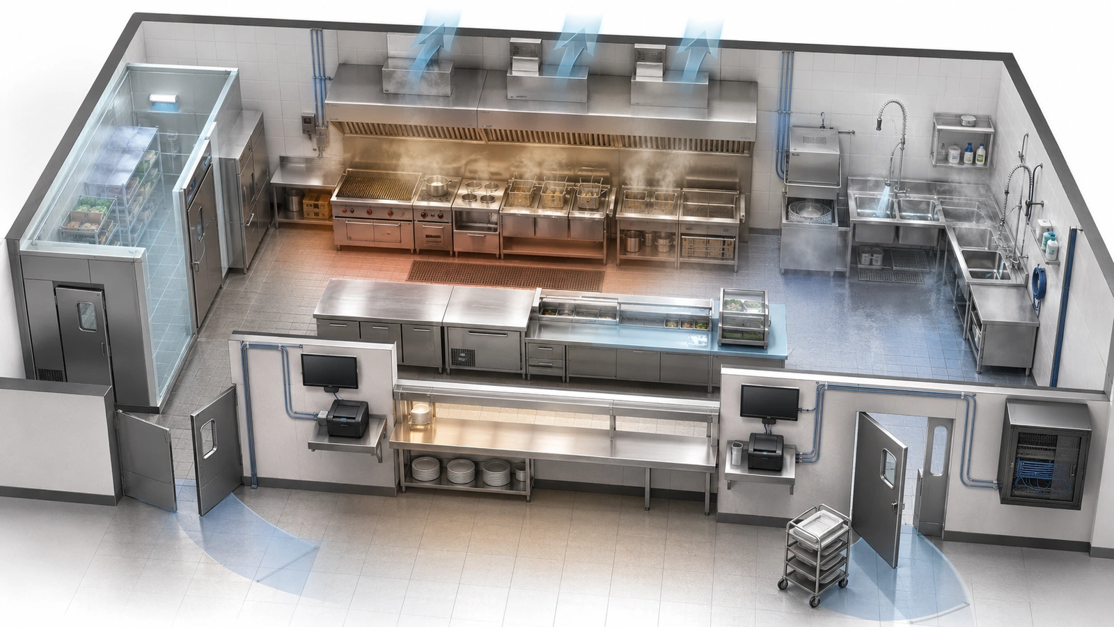 Commercial kitchen technology placement around cooking, refrigeration, washing, preparation, and expeditor areas