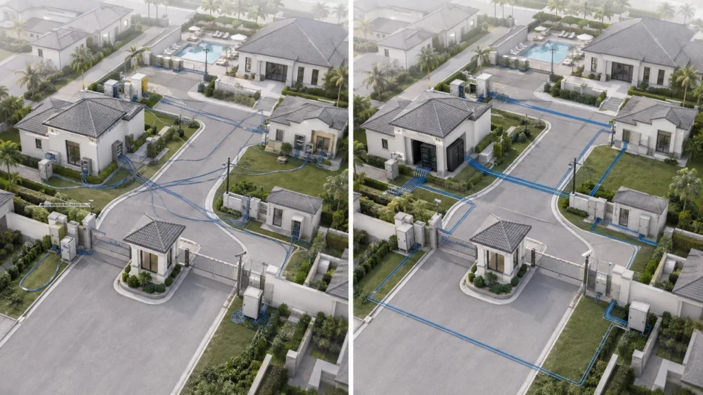 Split gated-community comparison showing fragmented network infrastructure and a corrected structured backbone