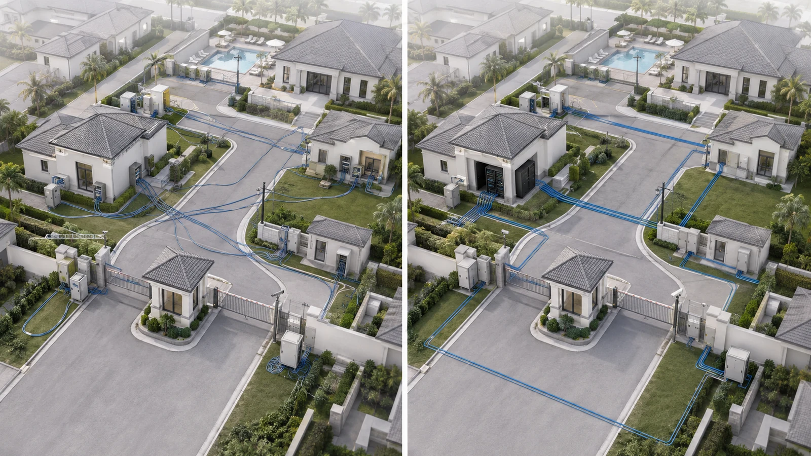 Split gated-community comparison showing fragmented network infrastructure and a corrected structured backbone
