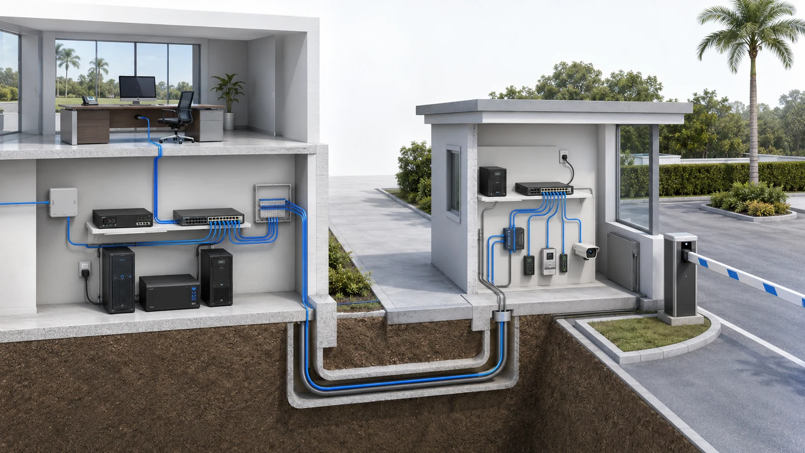 Community gate service depending on internet, core switching, fiber, local power, and access-control equipment