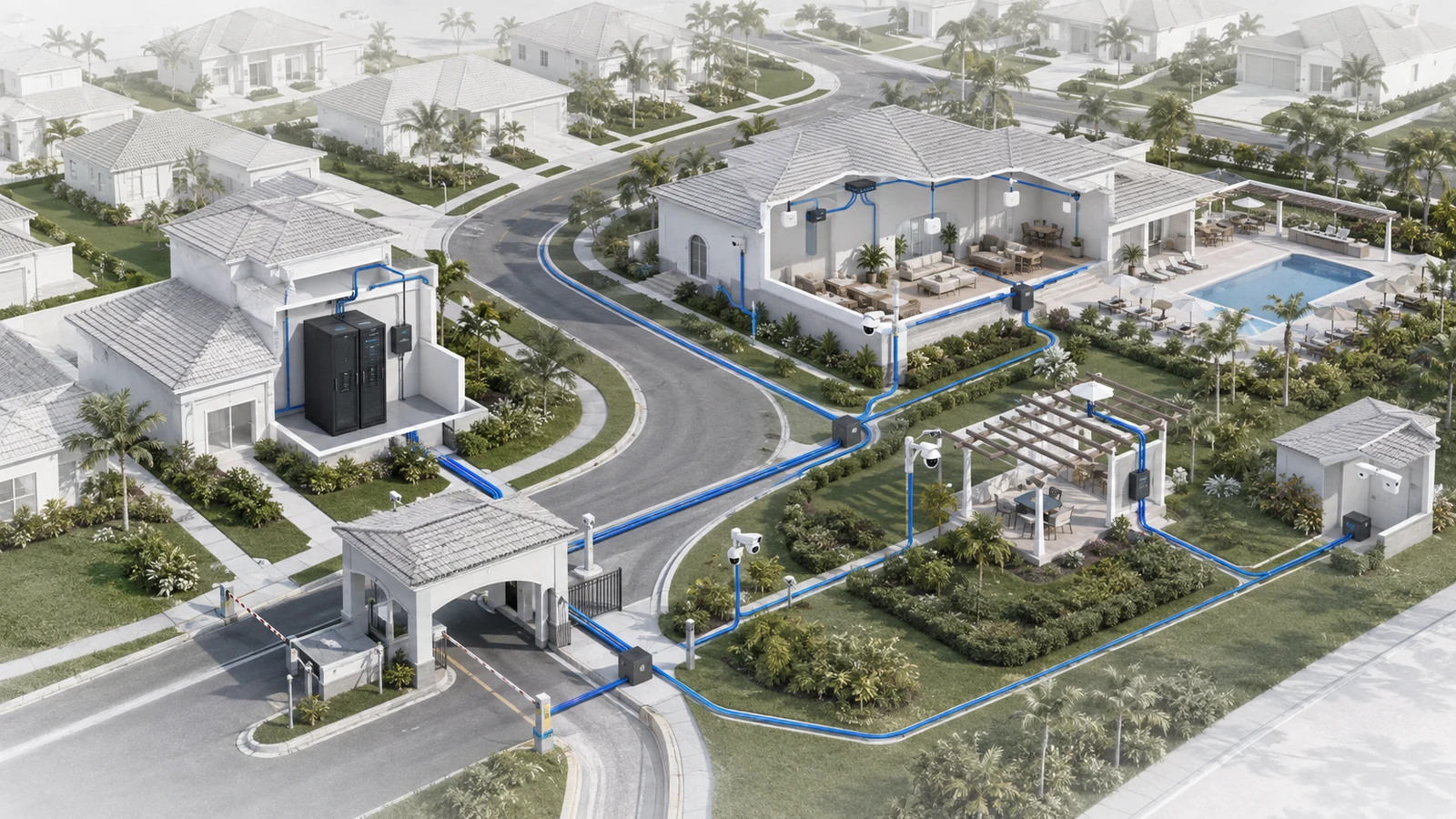Bird’s-eye view of a gated community network connecting shared buildings, amenities, gates, cameras, and access points