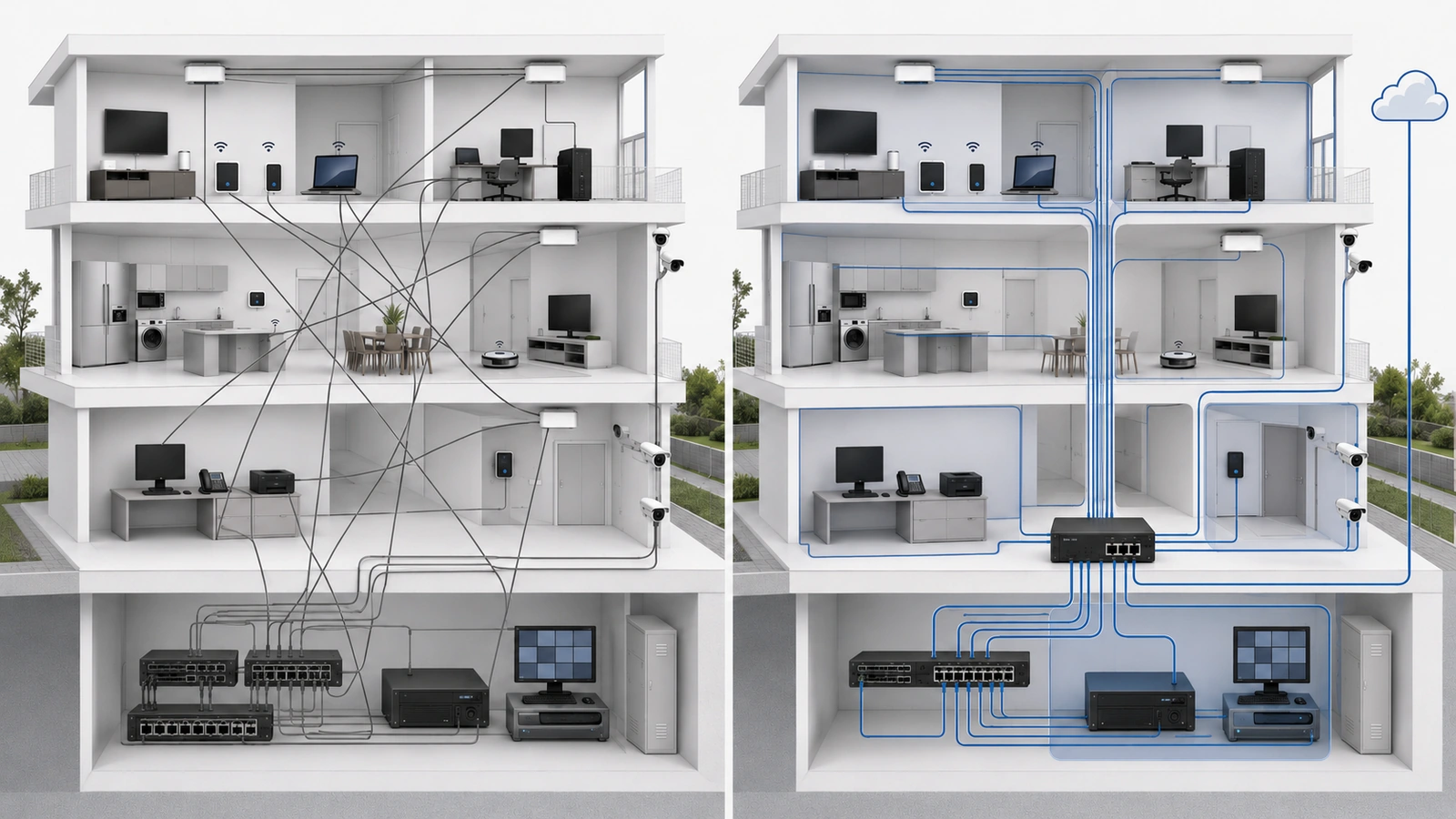 Before-and-after comparison of a flat property network and a segmented network with controlled communication paths