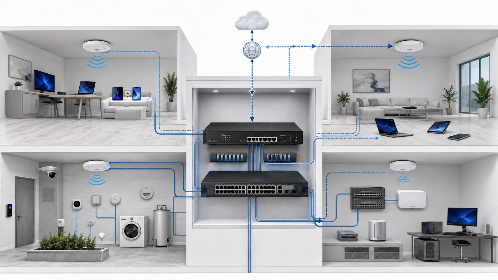 Stateful firewall coordinating private, guest, operational, and management network zones across shared infrastructure