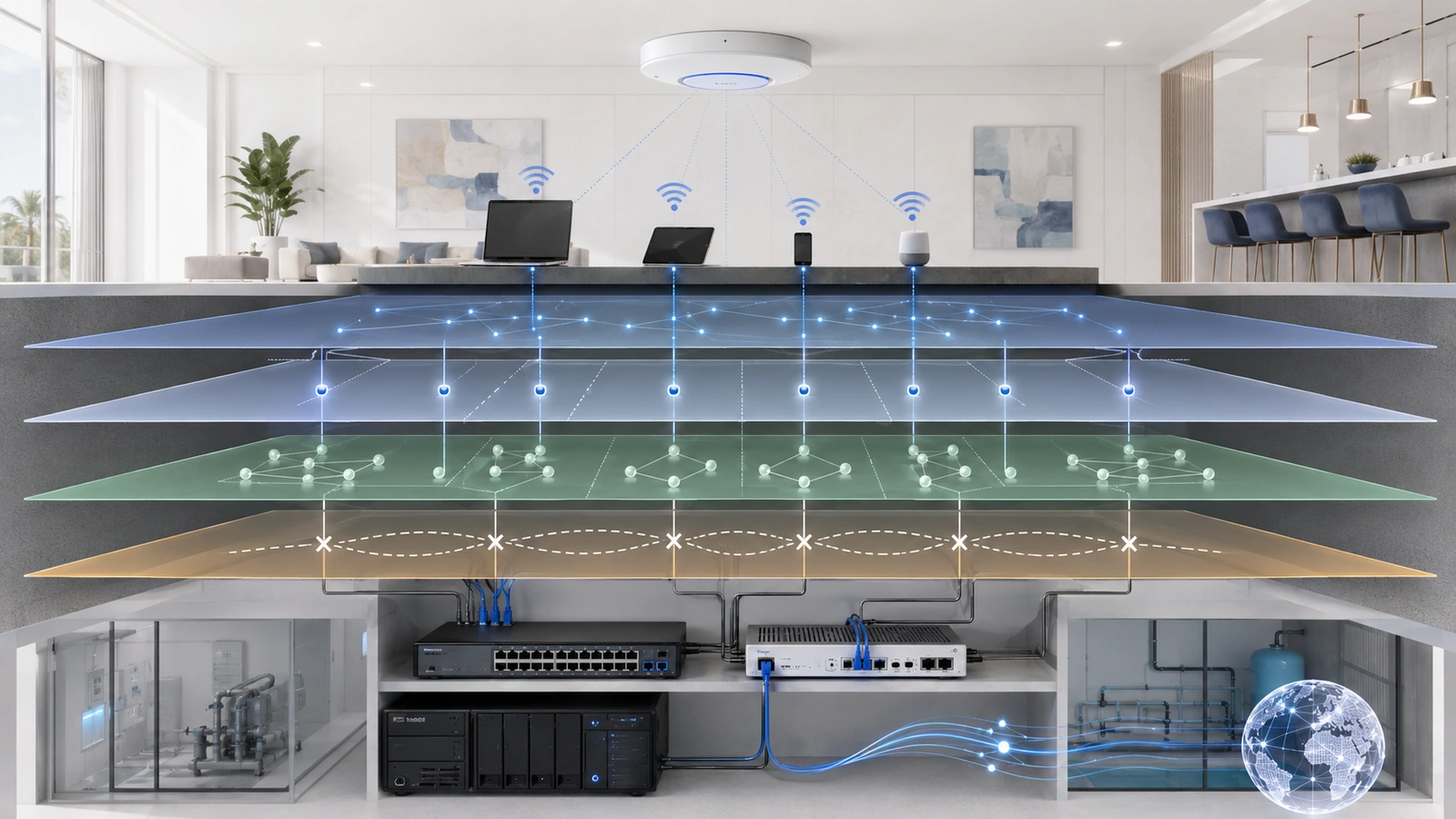 Layered guest Wi-Fi design coordinating wireless access, VLAN separation, IP addressing, client isolation, and firewall policy