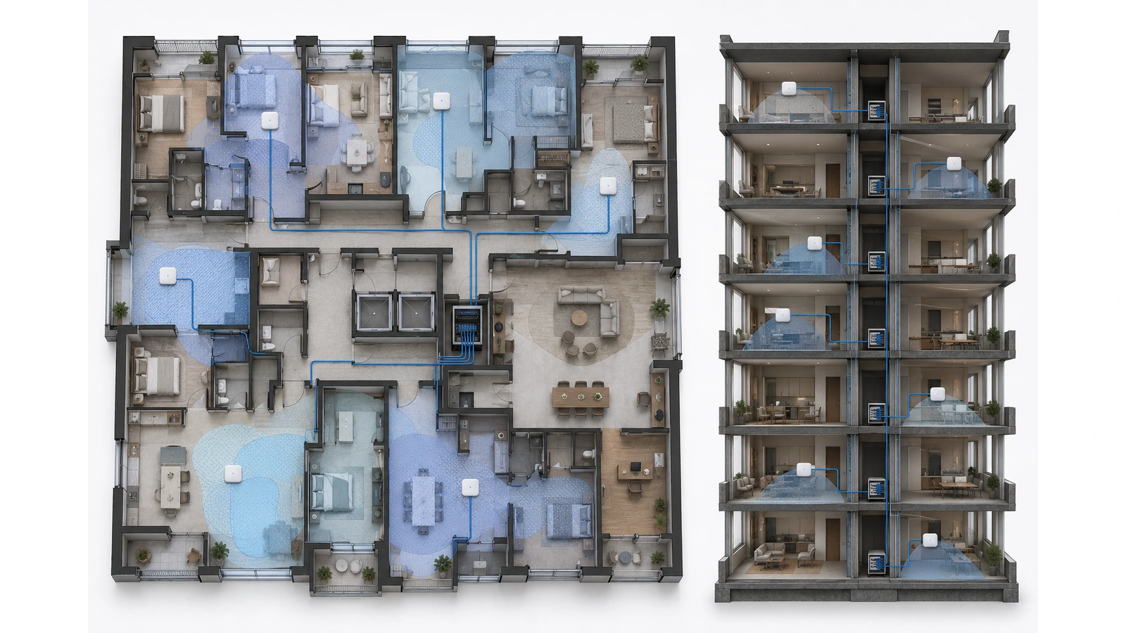 Apartment Wi-Fi floor plan and vertical section showing controlled coverage, overlap, channel reuse, and staggered access points
