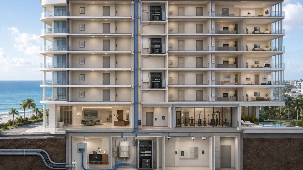 High-rise residential tower cutaway showing carrier entry, MDF, fiber risers, floor IDFs, unit demarcations, and building-operated systems