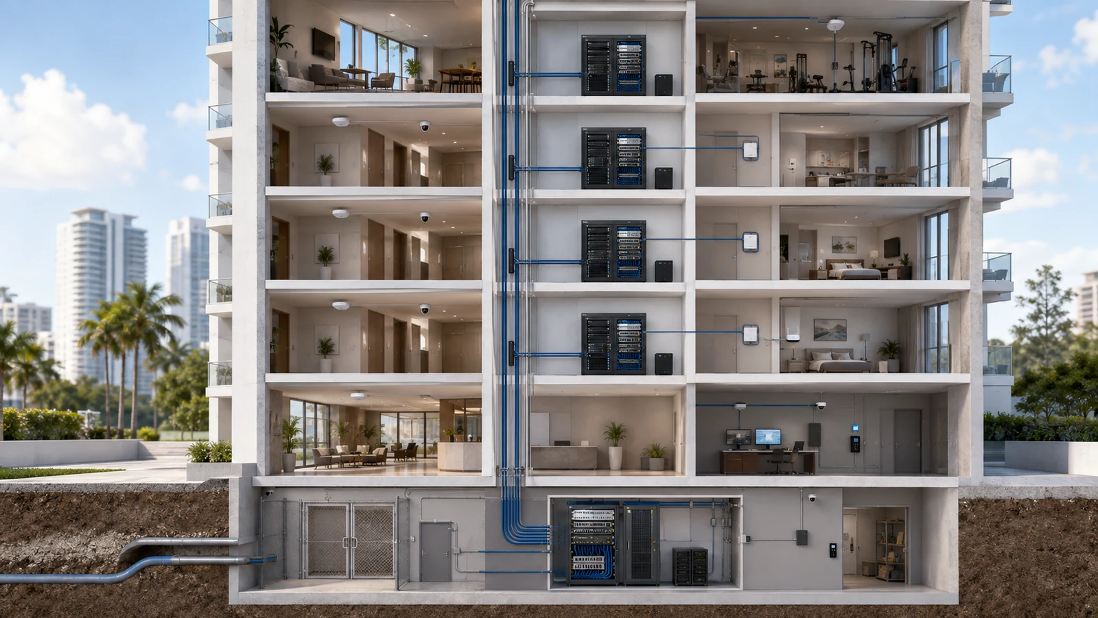 Vertical network layers connecting a high-rise carrier entrance, MDF, riser, IDFs, units, and building systems