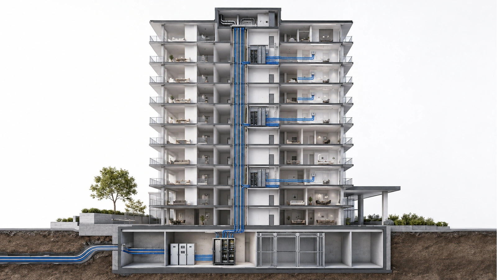 Vertical network layers connecting a high-rise carrier entrance, MDF, riser, IDFs, units, and building systems