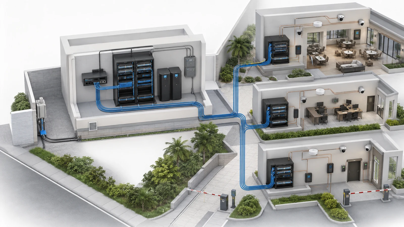 Community network layers connecting the internet edge, core, buildings, amenities, and endpoint systems