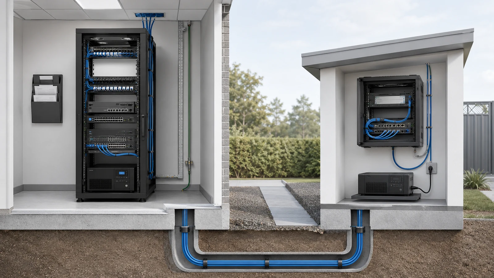 HOA network equipment rooms with organized fiber links, UPS protection, cooling, and documented community connections