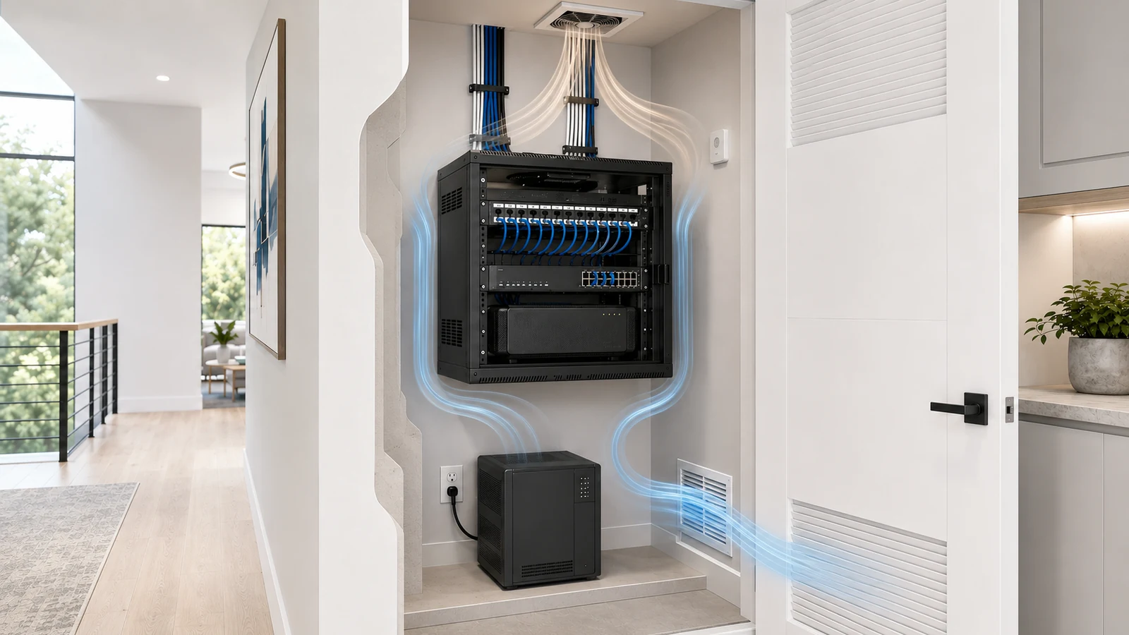 Network closet airflow with lower air intake, equipment clearance, upper exhaust, and temperature monitoring