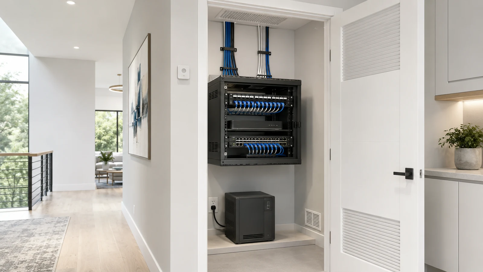 home-network-closet-planning-guide Organized residential network closet with a wall-mounted rack, patch panel, gateway, managed PoE switch, UPS, ventilation, and structured cabling