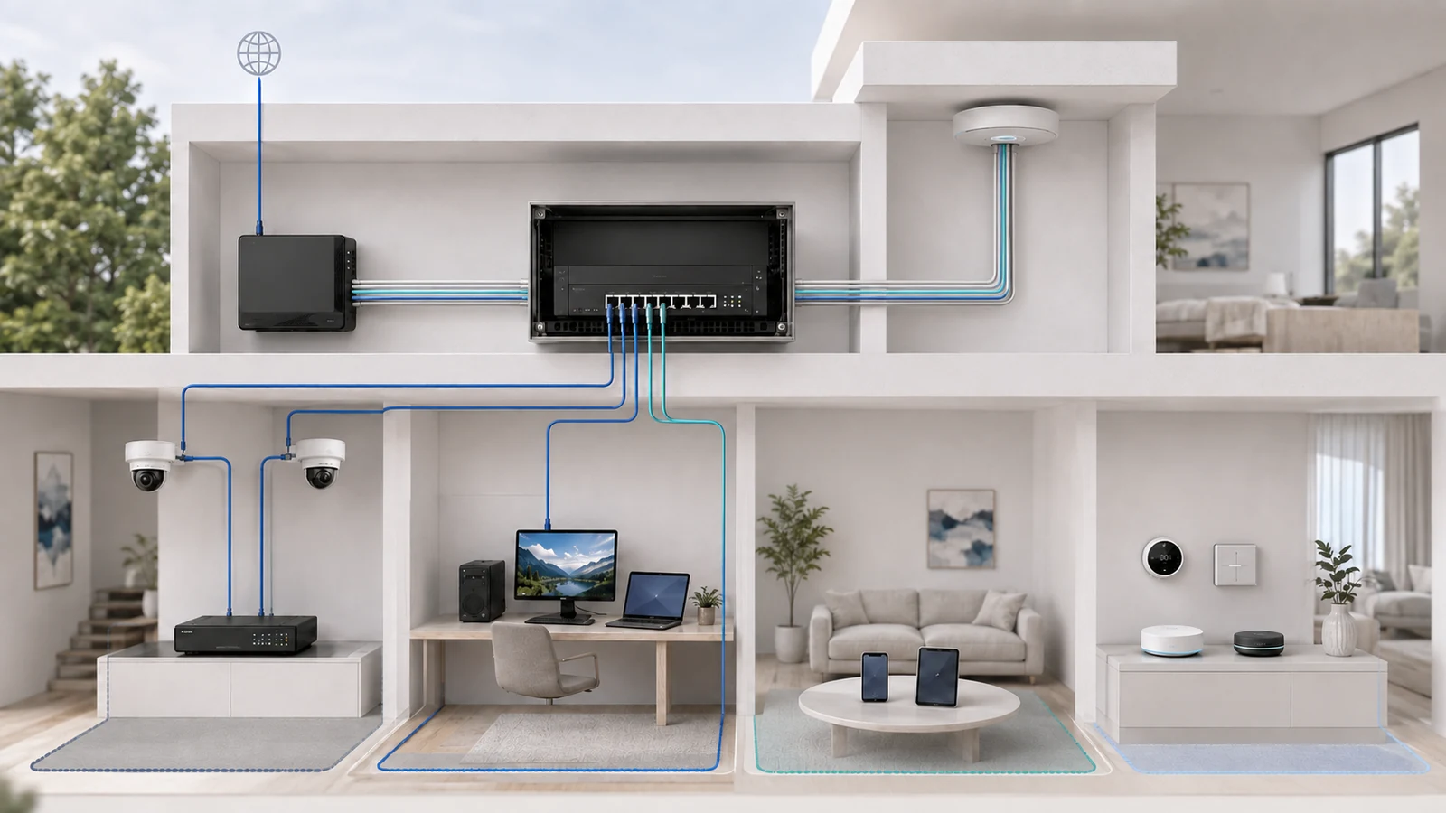 Gateway, managed switch, and access point carrying separate home VLANs