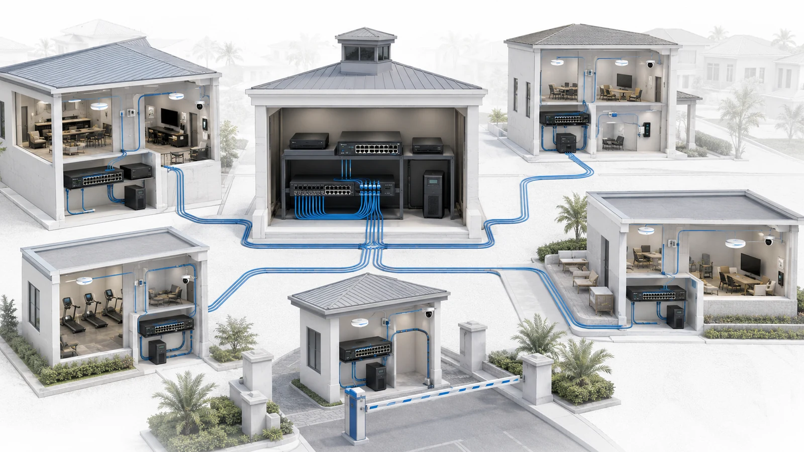 Hybrid community network combining central policy with distributed building infrastructure