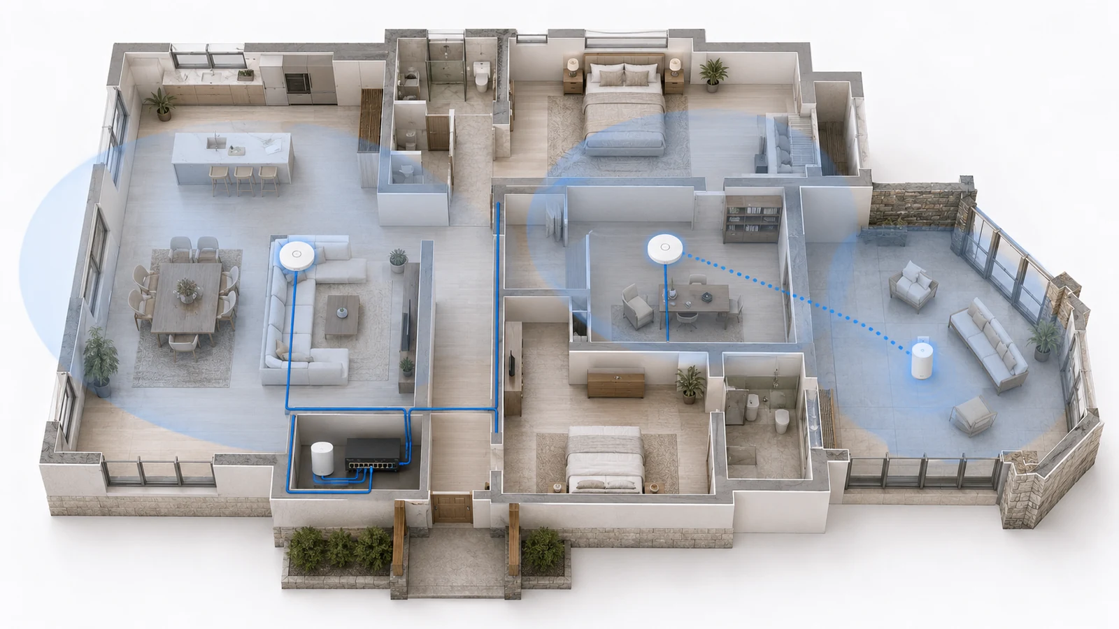 Hybrid home Wi-Fi design using wired access points and one wireless mesh node