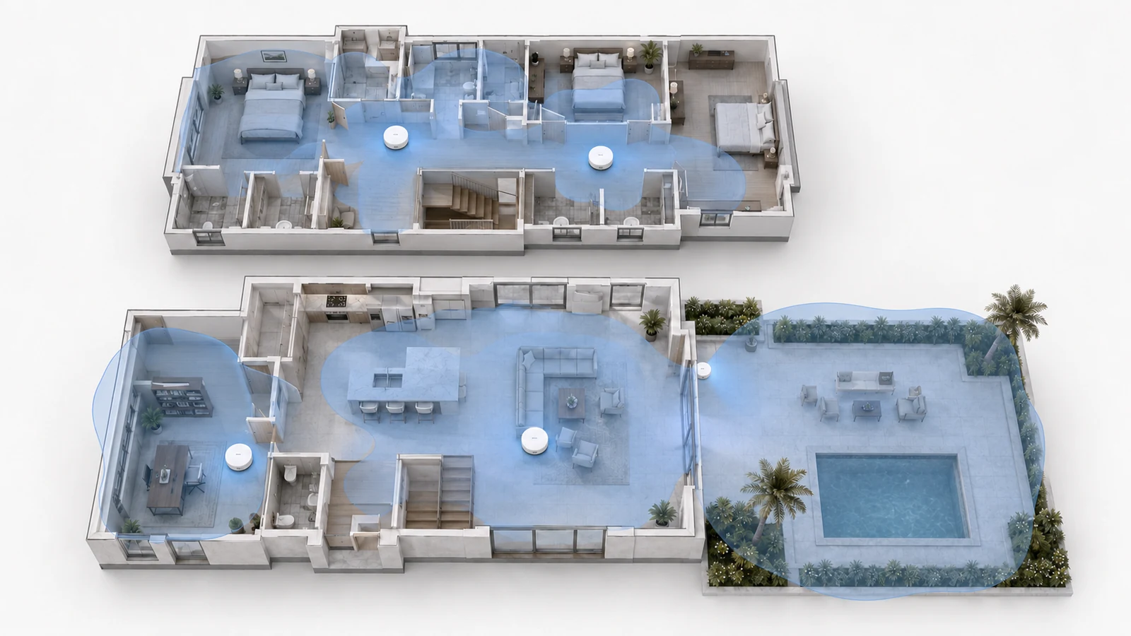 Top-down plans of a two-story home showing staggered access points and controlled Wi-Fi coverage across the office, living areas, bedrooms, and patio