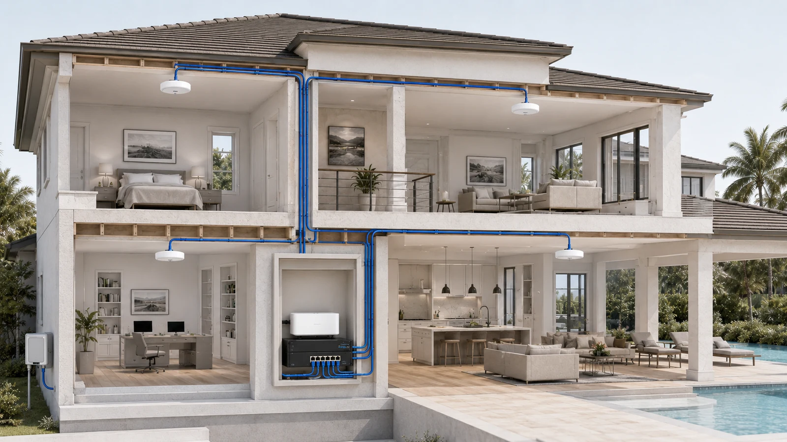 Two-story home cutaway tracing the connection from the exterior ISP handoff through the gateway and PoE switch to four wired access points