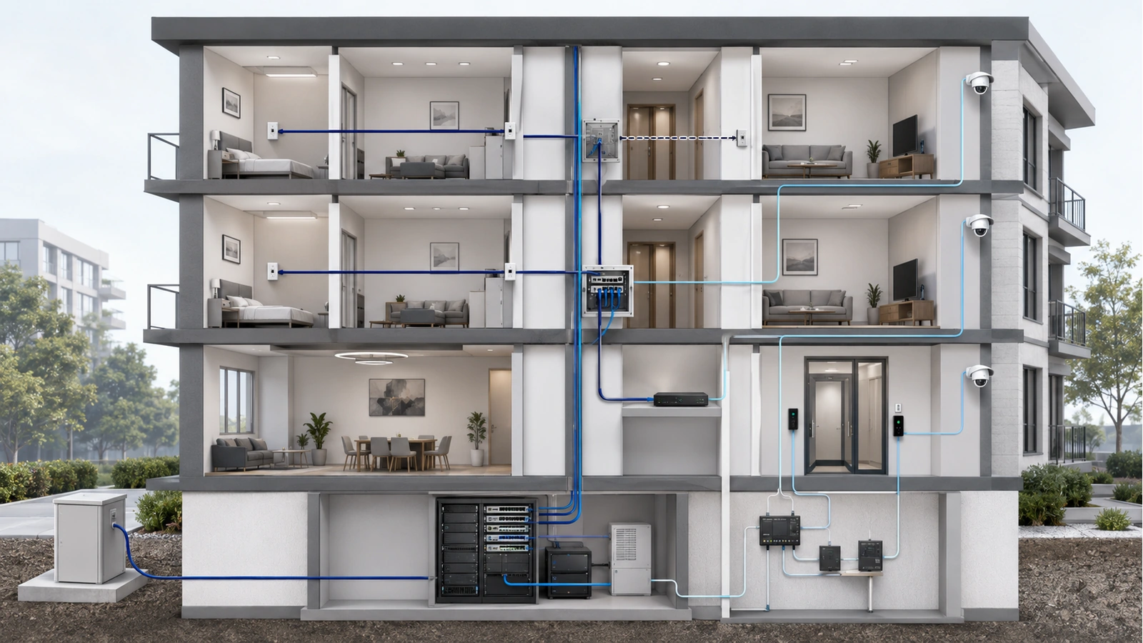MDU network traffic paths for resident internet, surveillance, access control, and isolated residential units