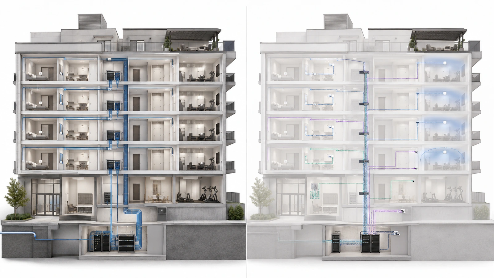 Comparison of physical and logical network topology in a multi-dwelling residential building