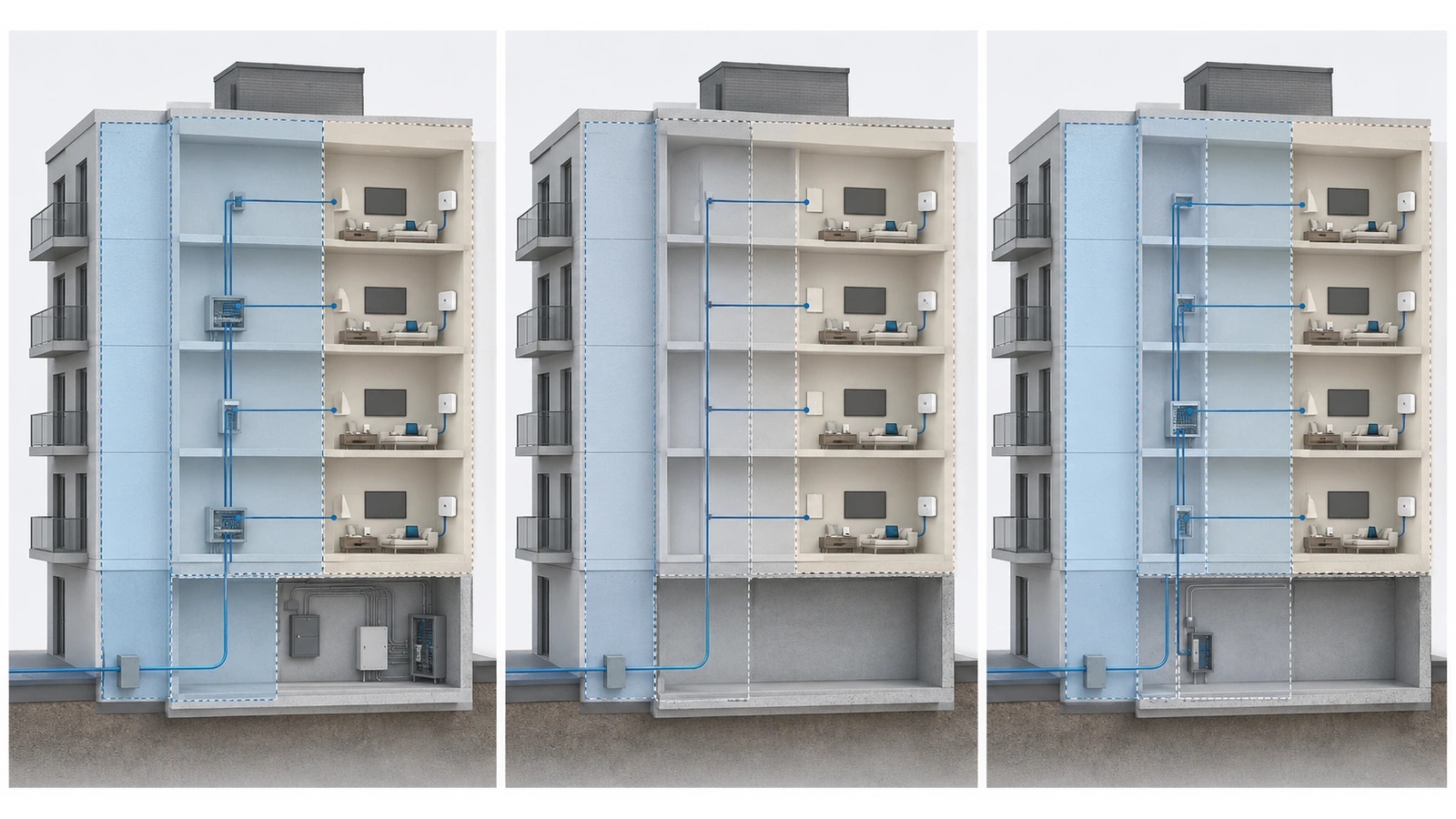 Comparison of provider, building operator, and resident responsibility boundaries across three MDU service models