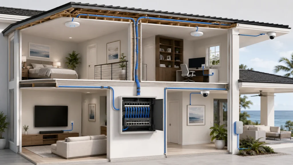 Two-story home cutaway showing Ethernet home runs from a central patch panel to access points, wall jacks, cameras, and outdoor equipment