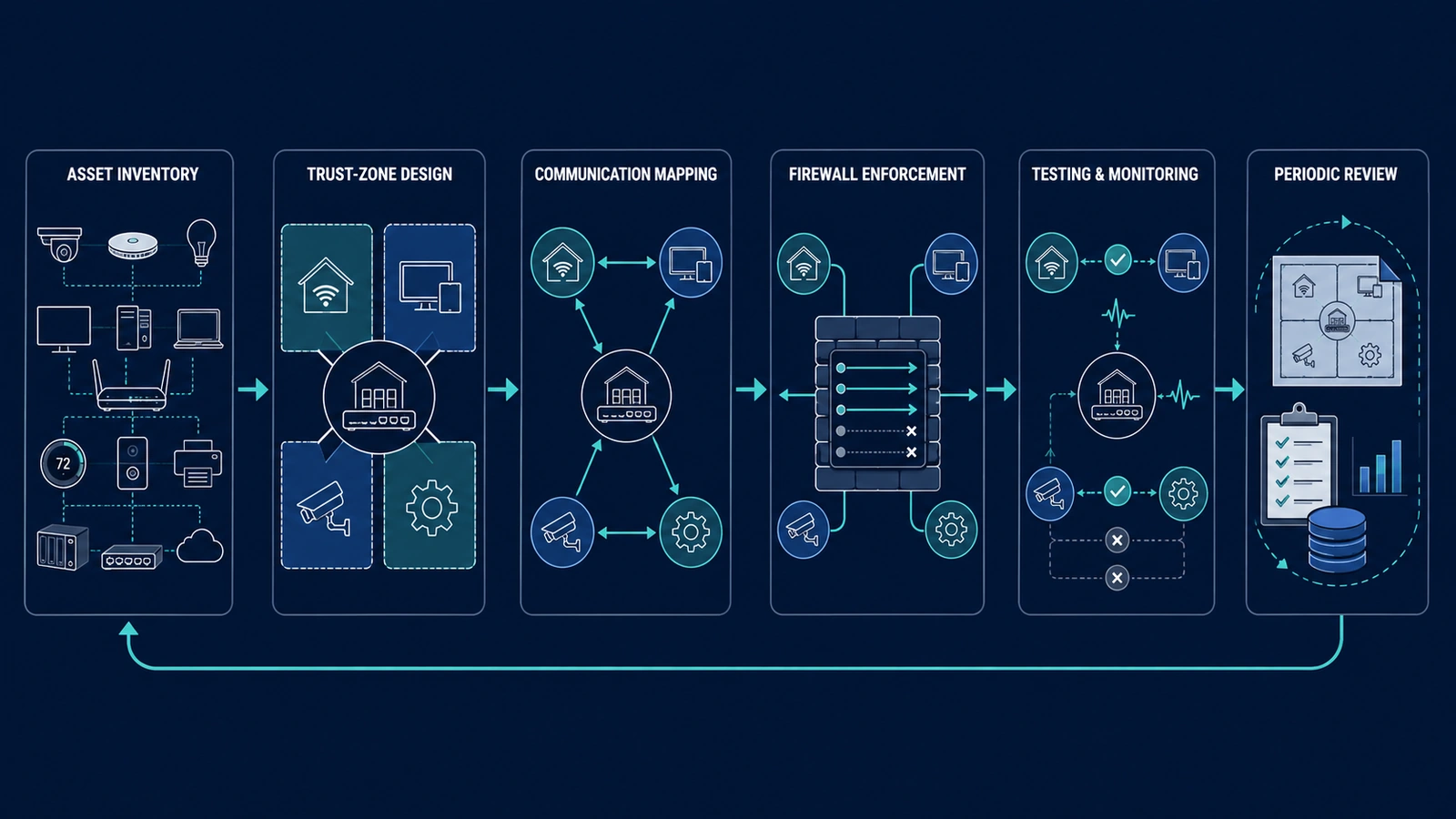 Six-stage network segmentation workflow from asset inventory through firewall enforcement, monitoring, and periodic review