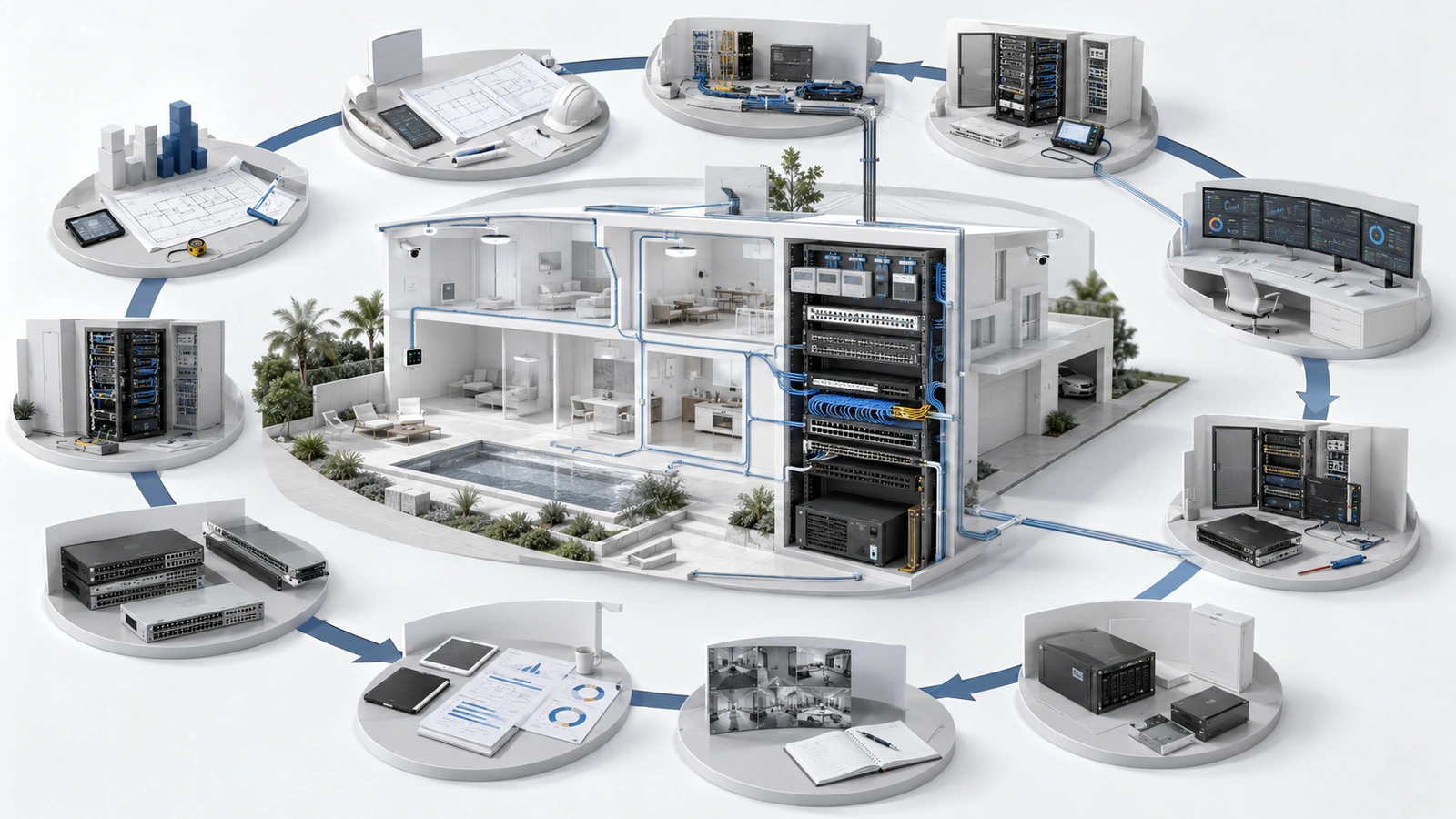 Residential network operations lifecycle connecting planning, installation, monitoring, maintenance, backups, incident learning, replacement, and documentation