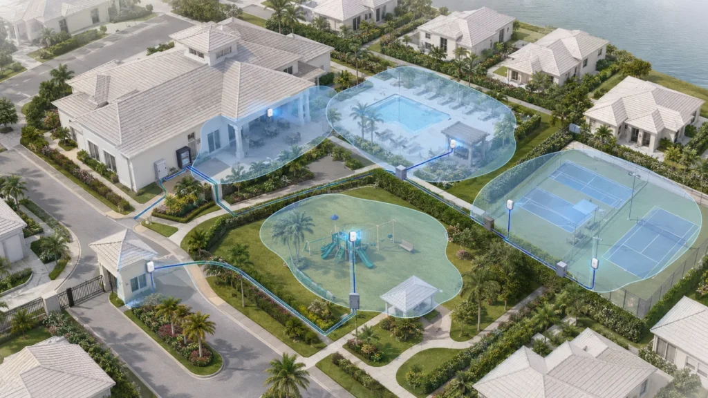 Residential community outdoor Wi-Fi plan prioritizing the clubhouse patio, pool, sports courts, park, and entrance