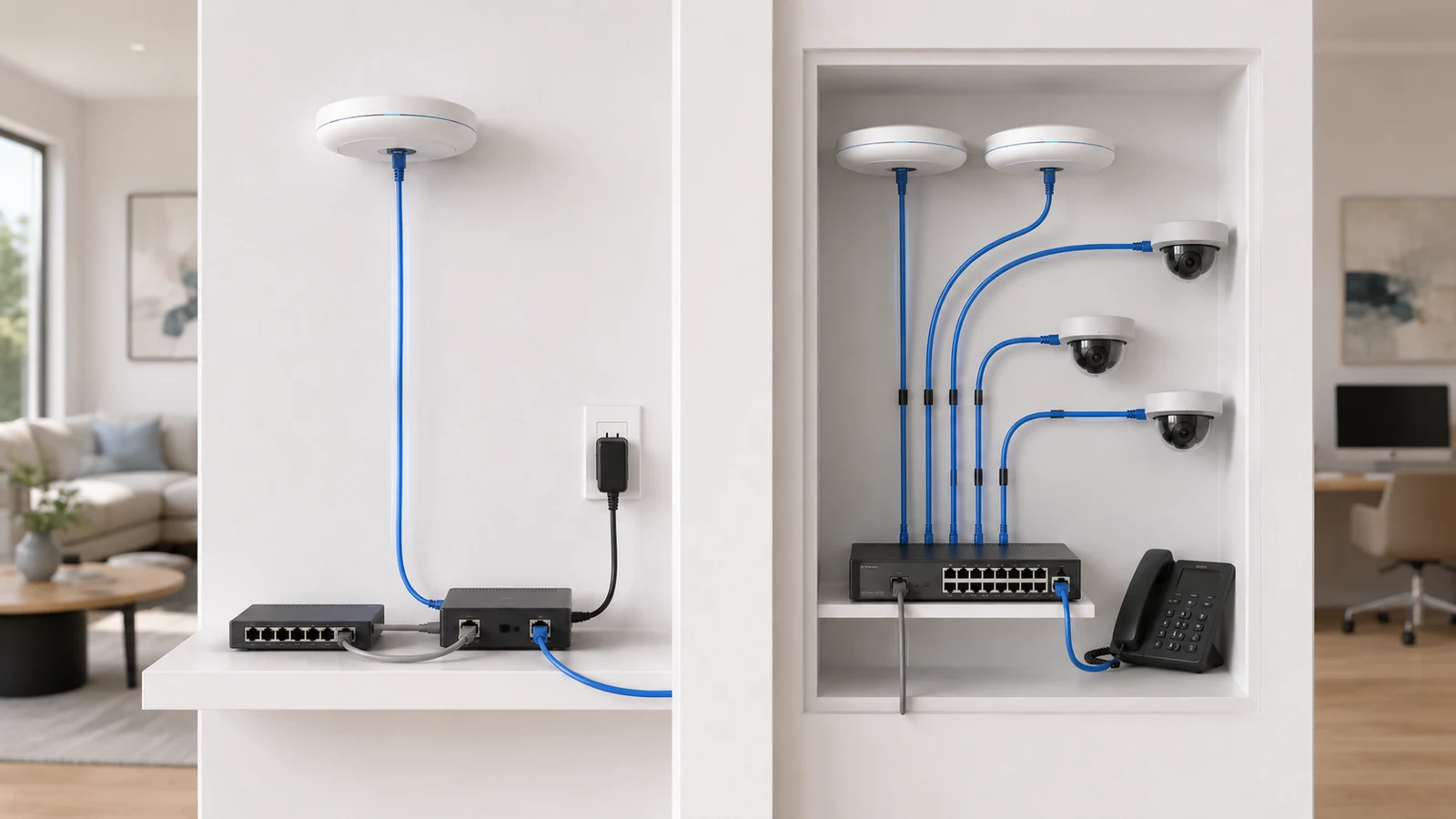 Comparison of a single PoE injector and a centralized PoE switch powering multiple devices