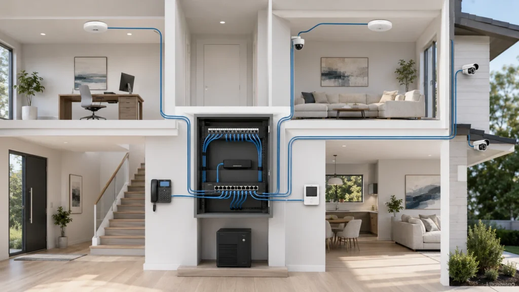 Modern home cutaway showing a central PoE switch powering access points, cameras, an intercom, and a smart-property controller through Ethernet