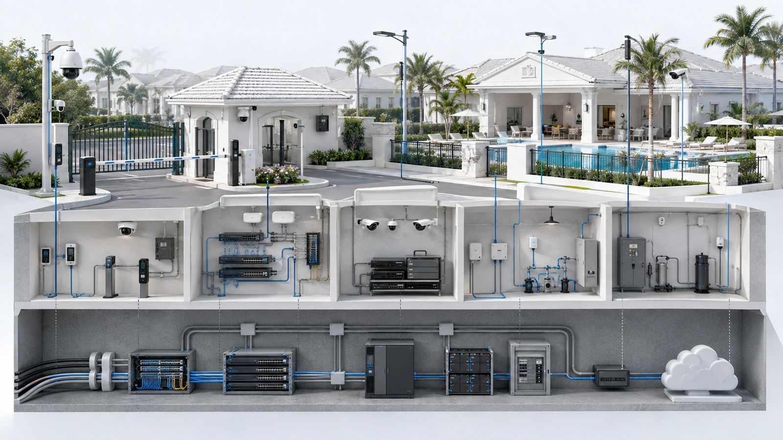 Property monitoring organized around connectivity, access, surveillance, lighting, power, environmental systems, and shared dependencies.