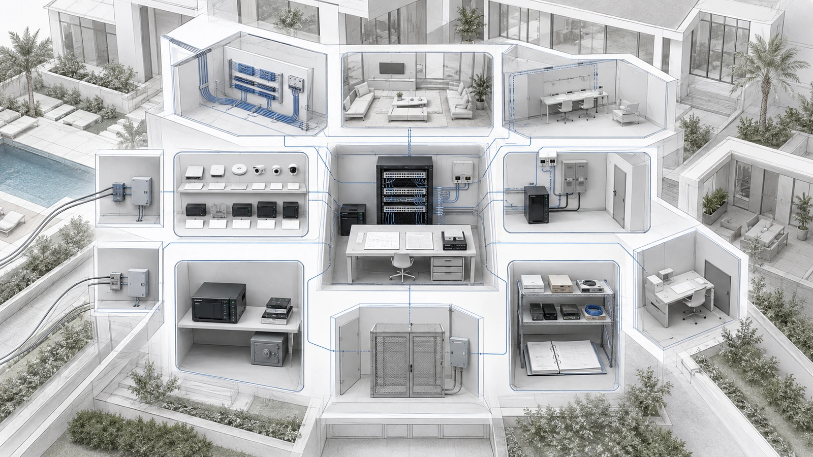 Property network documentation layers connecting physical infrastructure, logical design, ownership, dependencies, configuration, vendors, and recovery