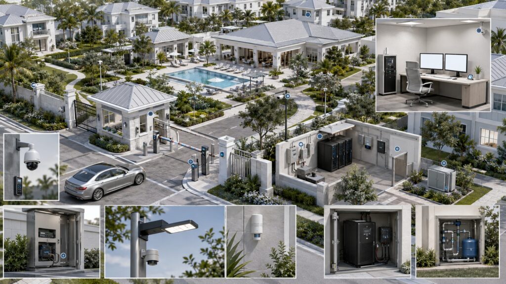 Centralized remote monitoring of gates, networking, surveillance, access control, lighting, power, and environmental conditions across a residential community.
