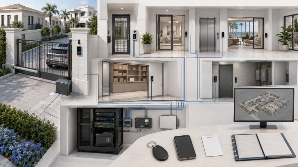 Residential access control system connecting doors, vehicle gates, amenities, elevators, credentials, and centralized management.