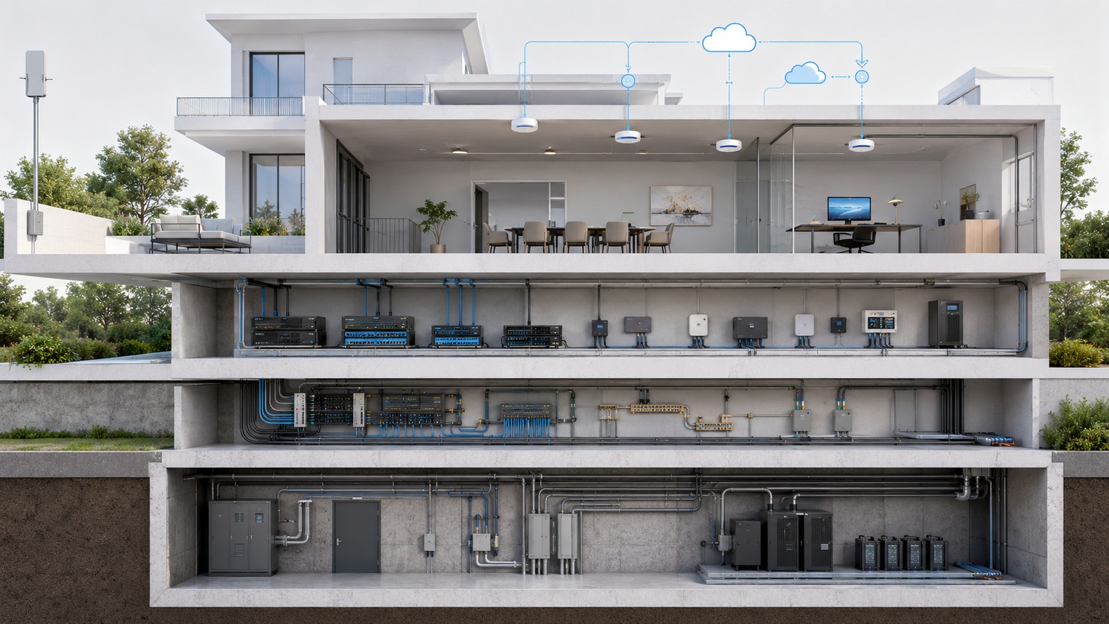 Residential technology grouped into building-life infrastructure, long-life foundations, replaceable hardware, and rapidly changing software services.