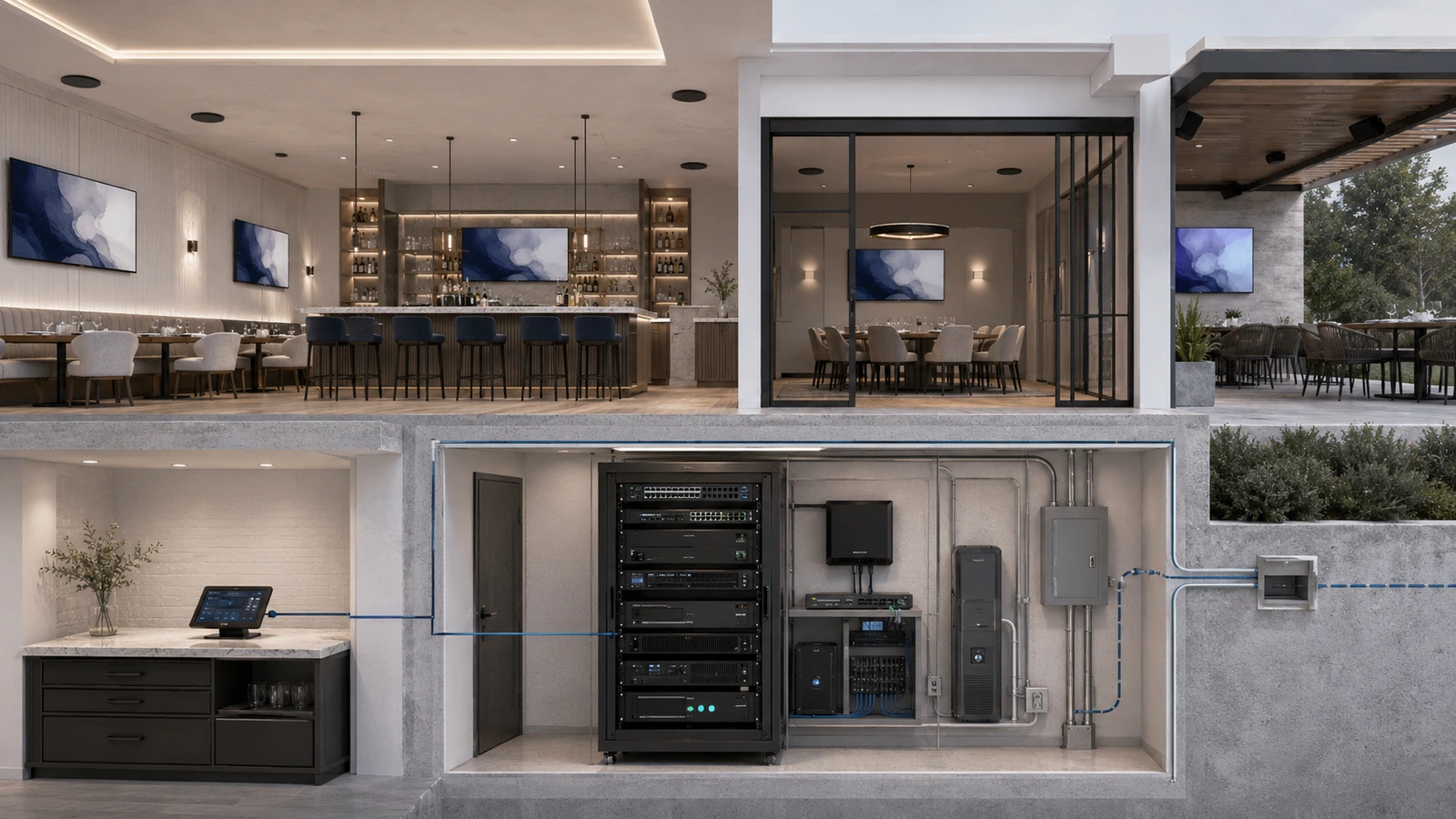 Restaurant entertainment zones with dedicated staff control, limited vendor access, network infrastructure, internet, and protected power