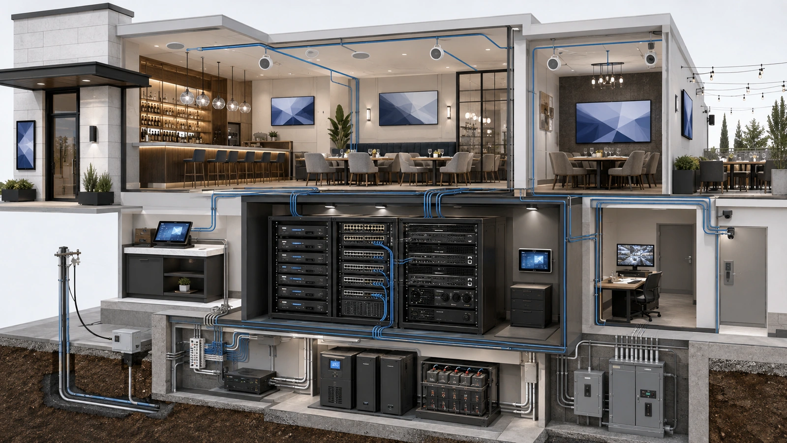 Restaurant entertainment system connecting content, distribution, authorized control, televisions, signage, speakers, monitoring, network, and power