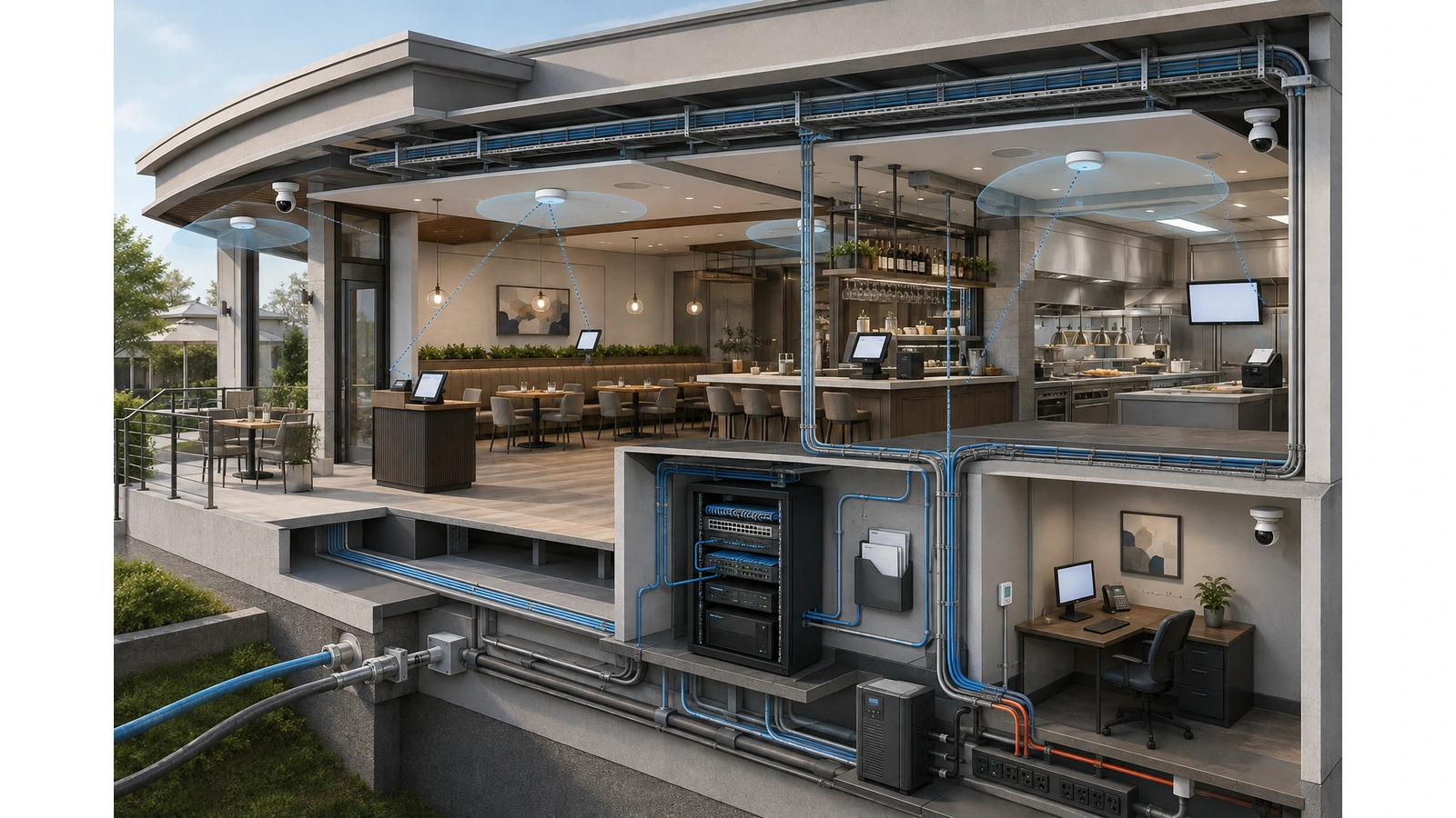 Restaurant technology infrastructure combining structured cabling, switching, wireless, internet, protected power, and operational documentation