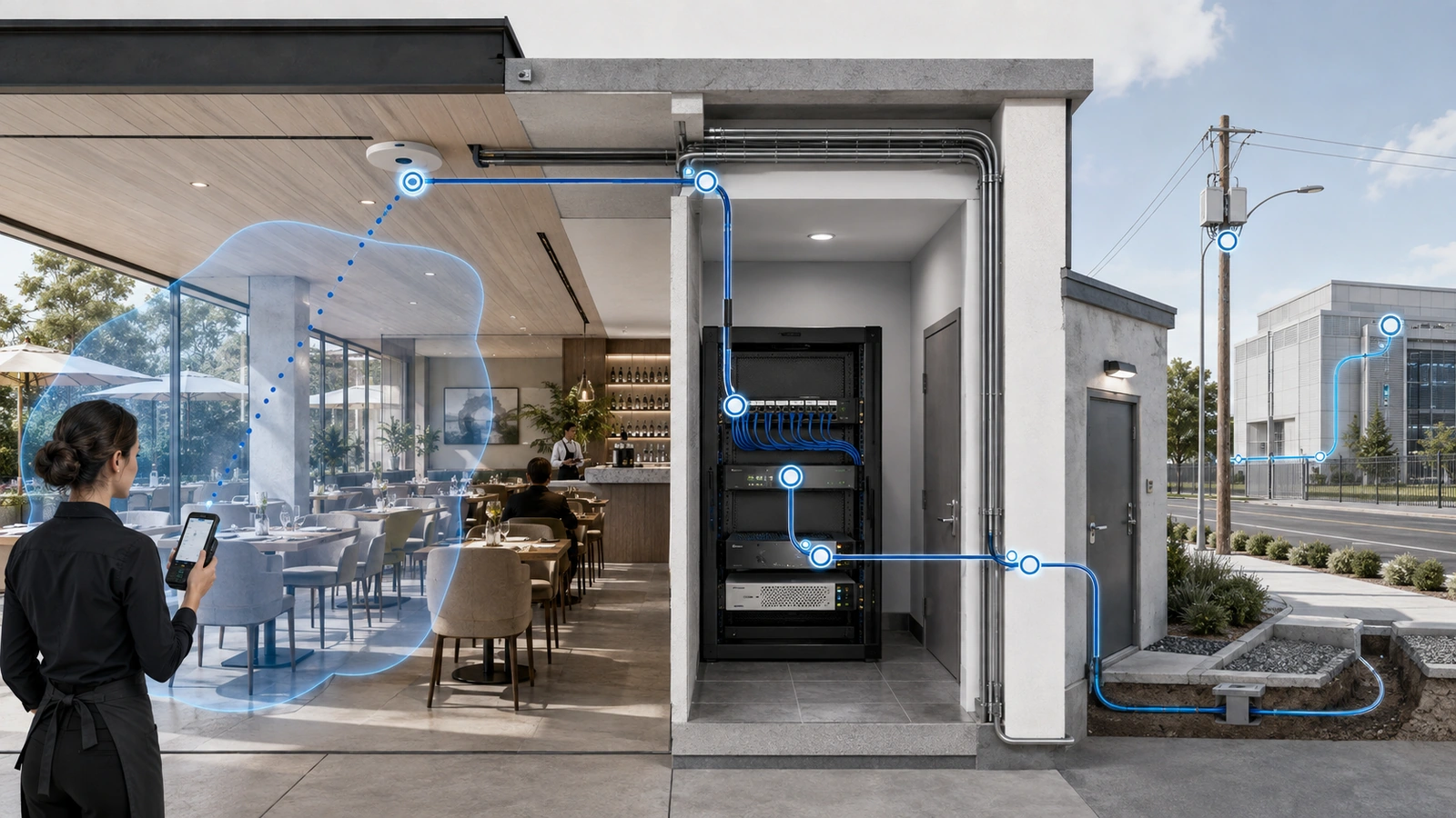 Restaurant Wi-Fi diagnostic path from a handheld device through the wireless, wired, internet, and application layers